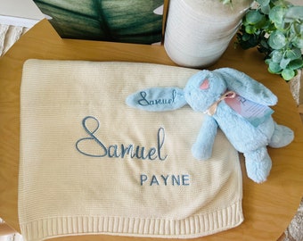 Personalised Bunny and Blanket Combination gift. Embroidered with any name/text. Perfect for a birth, baby shower, birthday or Easter. Child