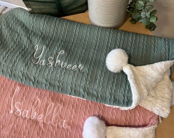 Sherpa Fleece Kid's Babies Pom Pom Newborn Soft Blanket Baby Cotton. Personalised and Embroidered with name, double thickness soft material.