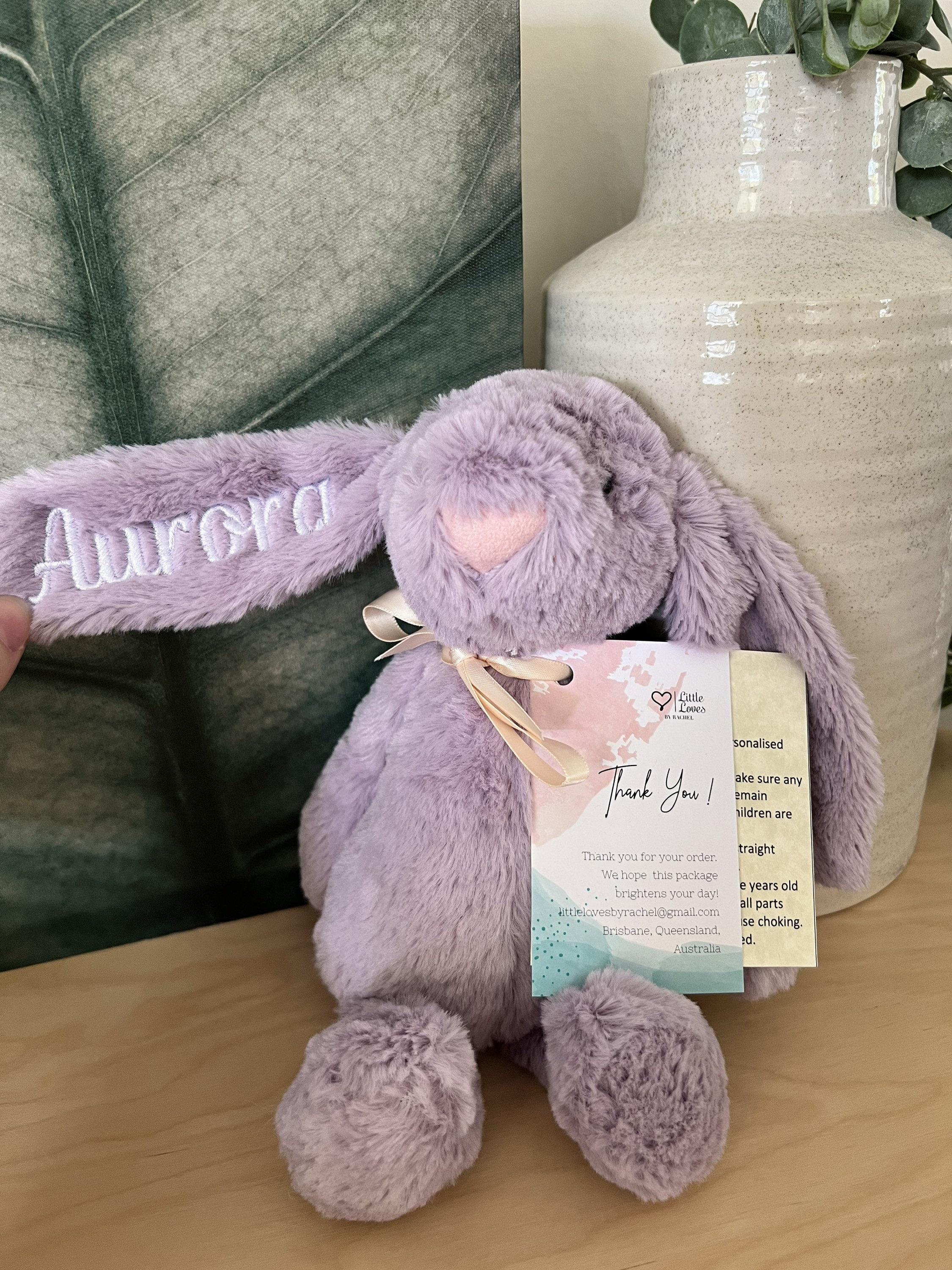 Personalised Plush Bunny Rabbits for children and babies. Floppy ear Rabbit for Easter or Birth. Customise text and colours. Embroidered ear