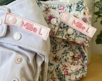 5x Personalised Snap on Name Label for Modern Cloth Nappies, Cloth Diaper Tag, Name Tag. Perfect for Daycare. Made with soft fleece.