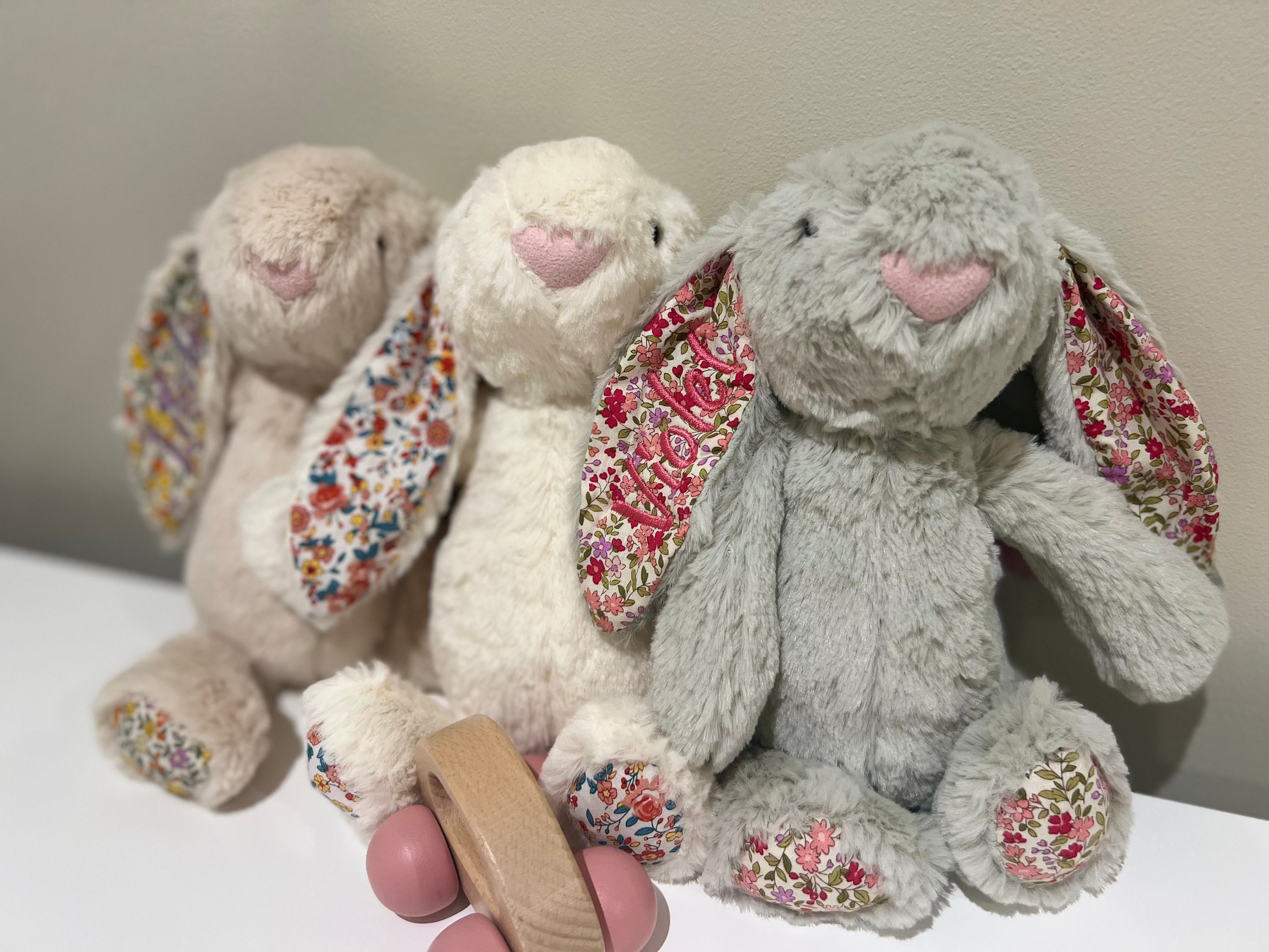 Personalised Plush Bunny Rabbits for children and babies. Floppy ear Rabbit for Easter or Birth. Customise text and colours. Embroidered ear