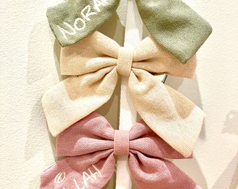 Personalised Embroidered Linen Bow Hair Clip . Embroider Name, for Dance, Ballet, Daycare, Dress-up, Party, Presents, Stocking stuffer gift