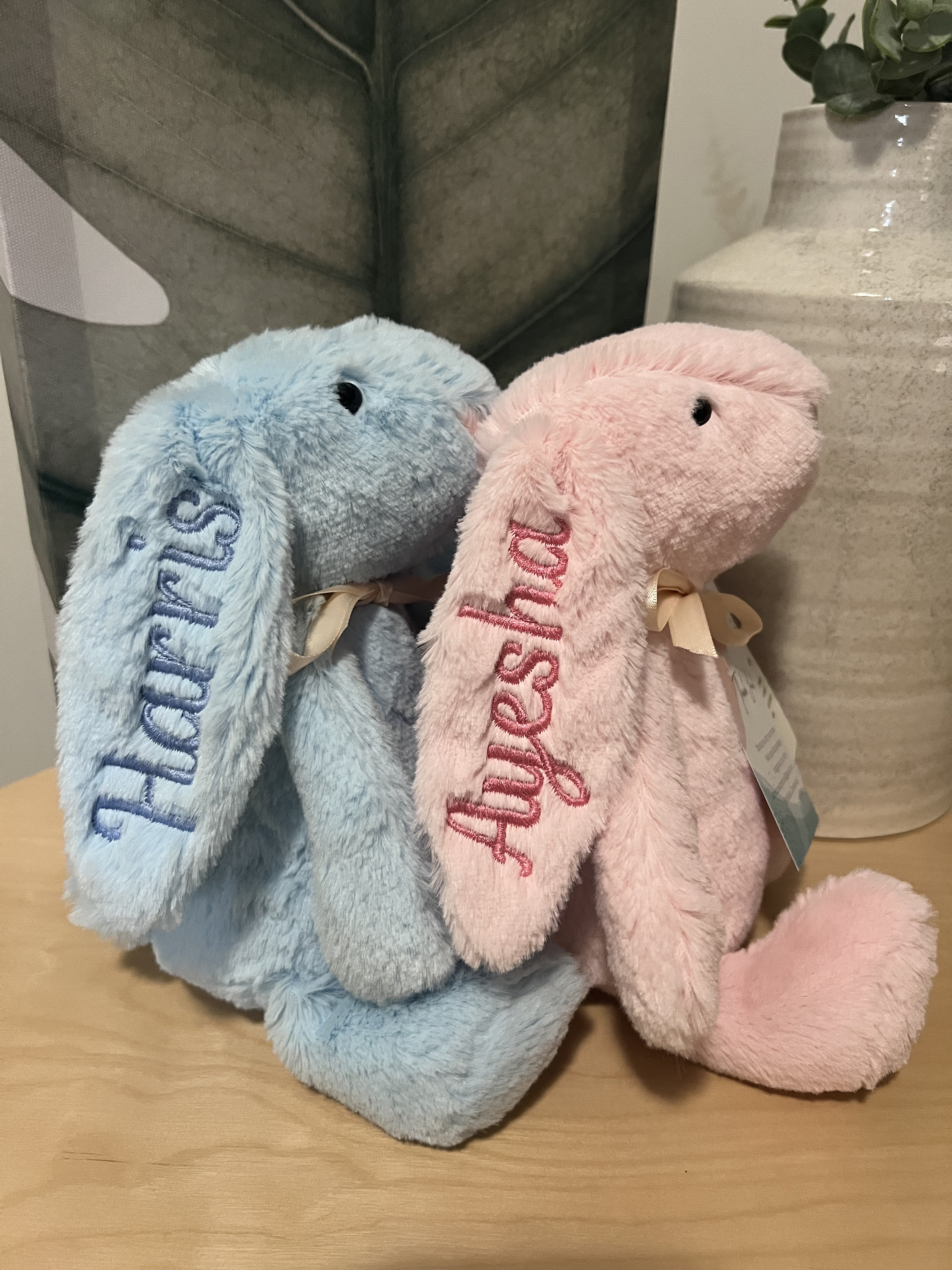 Personalised Plush Bunny Rabbits for children and babies. Floppy ear Rabbit for Easter or Birth. Customise text and colours. Embroidered ear