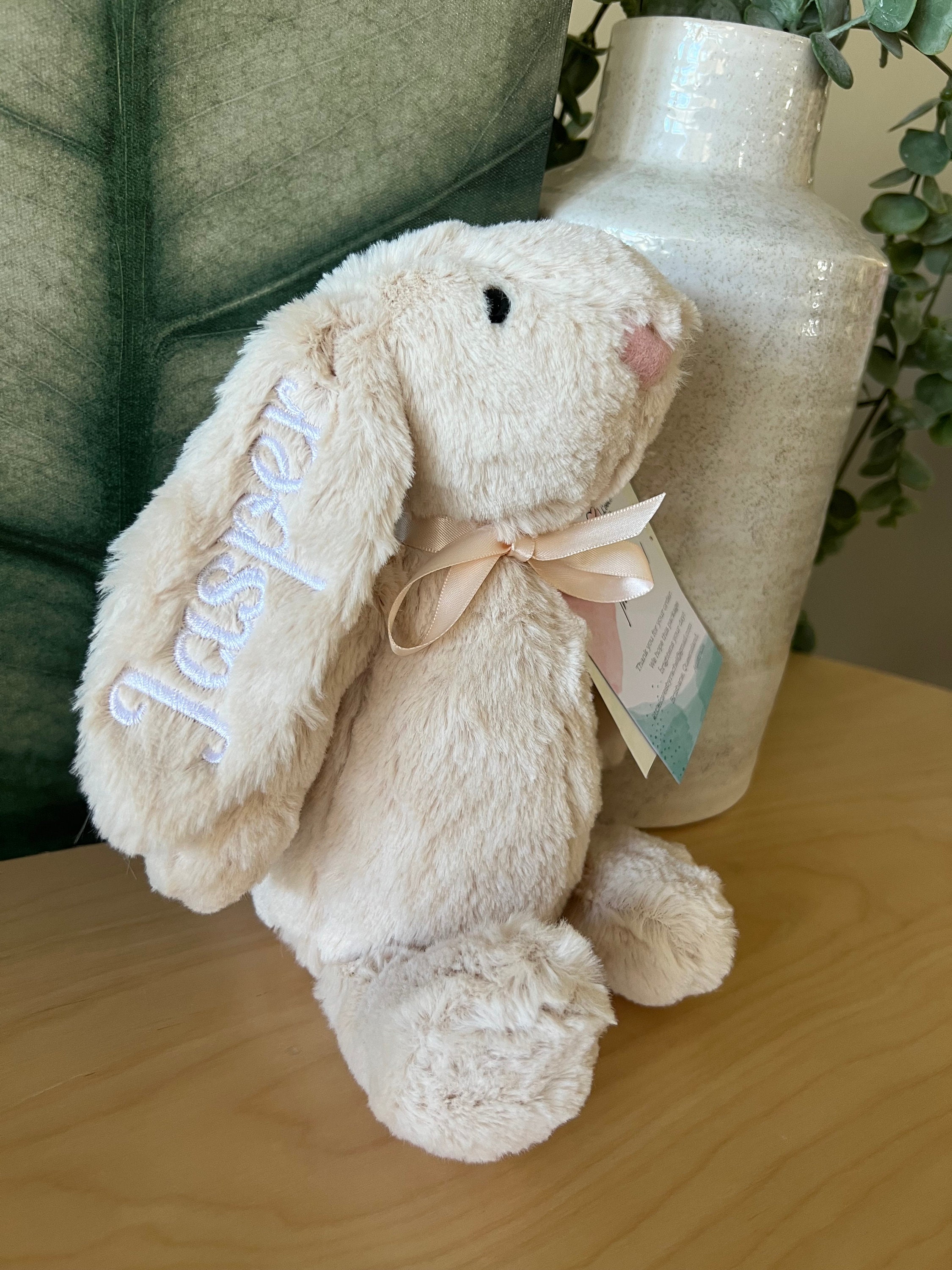 Personalised Plush Bunny Rabbits for children and babies. Floppy ear Rabbit for Easter or Birth. Customise text and colours. Embroidered ear
