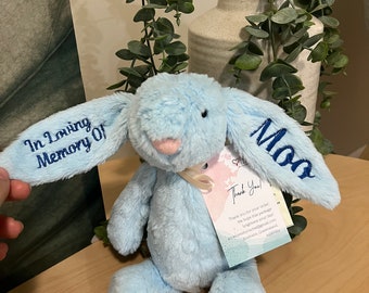 In Loving Memory Personalised Embroidered Plush Bunny. Memorial ornament rabbit toy, Sorry for your loss, remember. Grief and loss sympathy