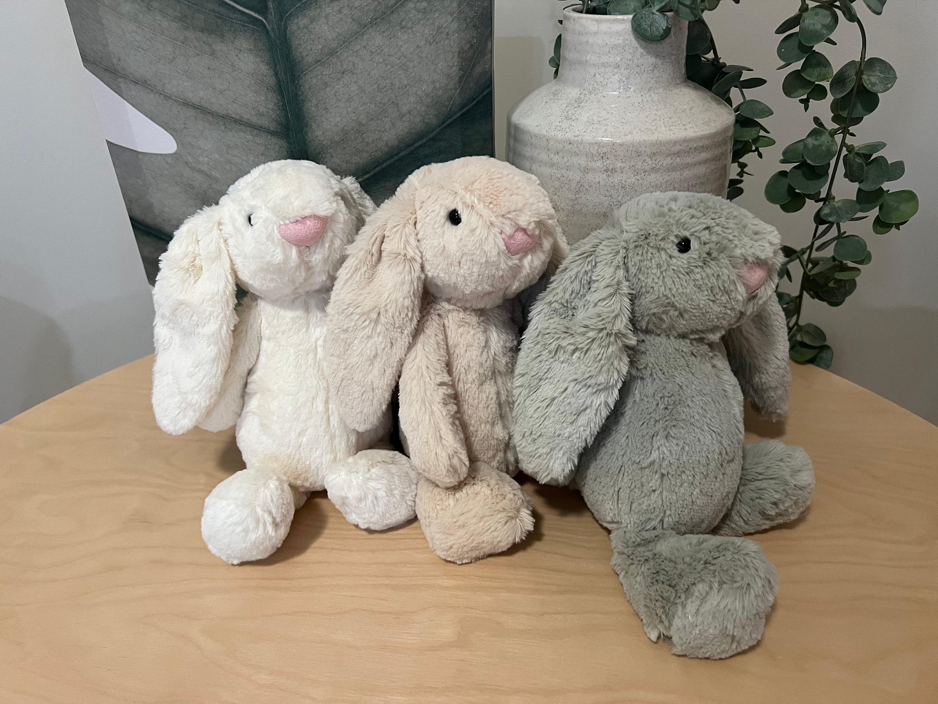 Personalised Plush Bunny Rabbits for children and babies. Floppy ear Rabbit for Easter or Birth. Customise text and colours. Embroidered ear