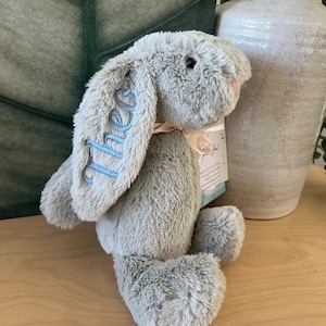 Personalised Plush Bunny Rabbits for children and babies. Floppy ear Rabbit for Easter or Birth. Customise text and colours. Embroidered ear