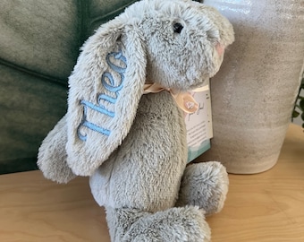 Personalised Plush Bunny Rabbits for children and babies. Floppy ear Rabbit for Easter or Birth. Customise text and colours. Embroidered ear