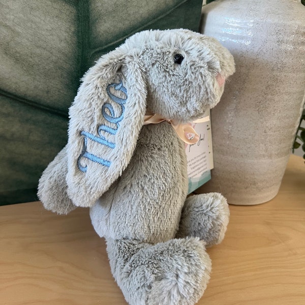 Personalised Plush Bunny Rabbits for children and babies. Floppy ear Rabbit for Easter or Birth. Customise text and colours. Embroidered ear