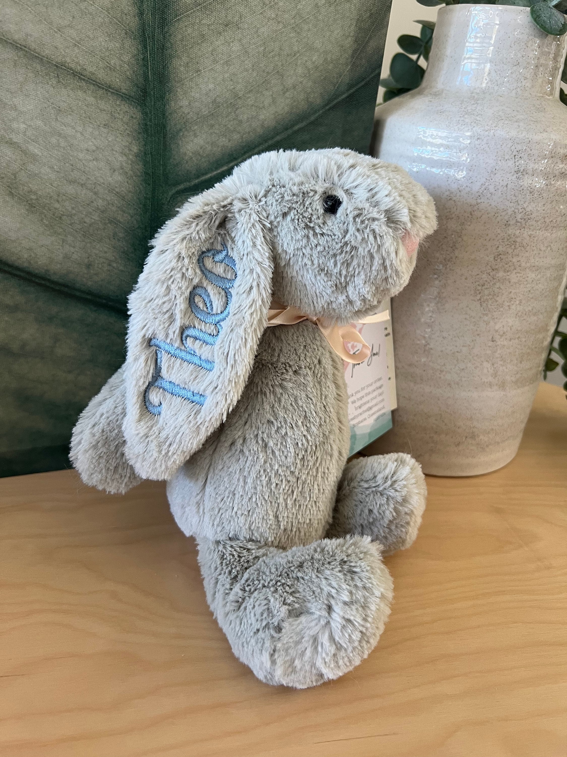 Personalised Plush Bunny Rabbits for children and babies. Floppy ear Rabbit for Easter or Birth. Customise text and colours. Embroidered ear