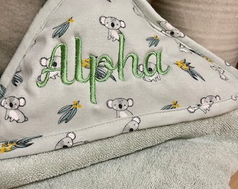 Personalised Embroidered Hooded Bath Towel for babies and children. Name towel on hood. 100% Cotton and 80cm by 80cm