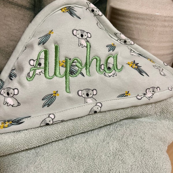 Personalised Embroidered Hooded Bath Towel for babies and children. Name towel on hood. 100% Cotton and 80cm by 80cm