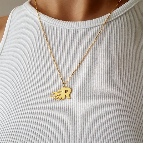 Flame Letter Necklace Gold, Fire Letter Necklace Silver, Tiny Letter Pendant Flame Necklace Women, Flame Letter Necklace Gold Plated Gift