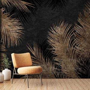 Gold Palm Leaves Wallpaper, Black Backgroung Exclusive Wall Mural | Removable Peel and Stick Wall Decal | Interior Wallpaper | Top Quality
