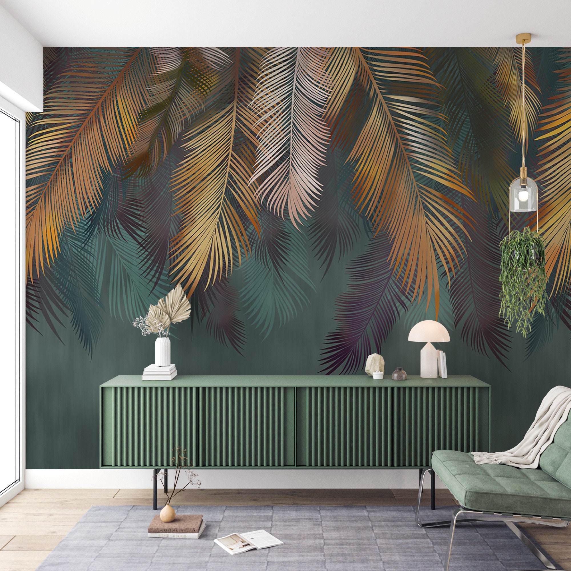 Hanging Leaves Wallpaper Gold Leaves Wall Mural Living Green Etsy