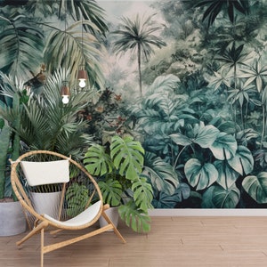 Tropical Jungle Wallpaper, Watercolor Rainforest Wall Mural | Removable Self Adhesive Wallpaper| Green Interior Wallpaper | Top Quality