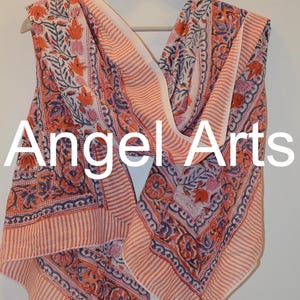 Hand Block Printed Cotton Scarf: Coral & Indigo Boho Wrap