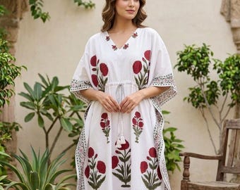 Hand-Block Printed Cotton Kaftan Dress | Sanganeri Floral Palm Tree Boho Maxi Dress