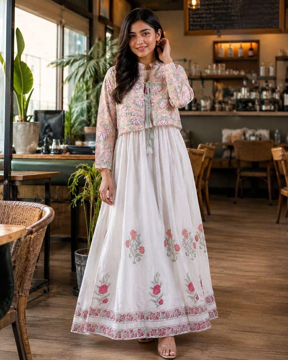 white dress with green jacket Hand Block Printed Cotton Floral Koti | 2-piece Boho Set Category:PROM DRESSES