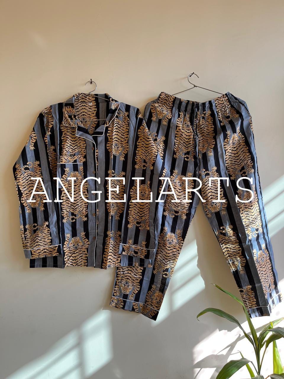Cotton Pajama Set: Gray Tiger Print Ladies Night Suit
