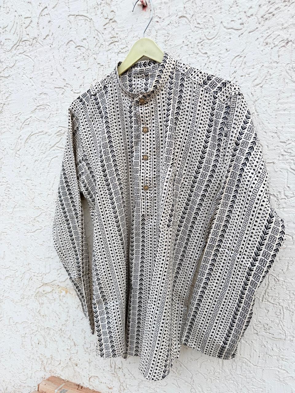 Men's Hand Block Print Cotton Kurta Shirt, Mandarin Collar Long Sleeve Casual Summer Top
