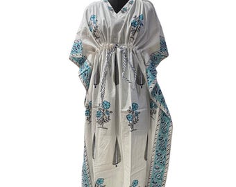 Katoenen kaftan met handblokprint – boho maxi-jurk, strandjurk