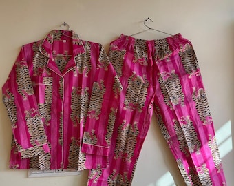 Indian Cotton Pajama Set: Tiger Print PJs - Comfy Night Dress