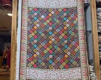 Geometric Diamond Mirror Work Dupatta - Rajasthani Folk Art Embroidered Scarf - Traditional Wedding Stole