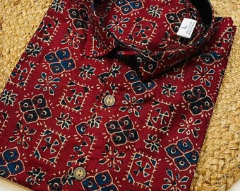 Katoenen herenoverhemd met blokprint | Traditioneel Indiaas zomershirt met olifantprint