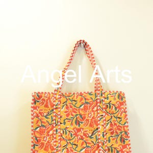 Gelbe Blumen-Reißverschluss-Art-Einkaufstasche handgemachte Baumwollblock-Druck-Einkaufstasche, große gesteppte Einkaufstasche, Blumenmarkttasche, gelegentlich Geschenktasche
