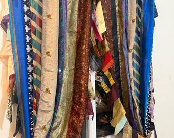 Pair of Indian old vintage old silk saree multicolor handmade patchwork | curtain window drape