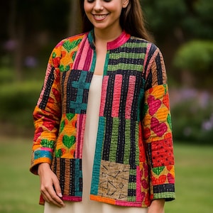 Floral Kantha Patchwork Jacket: Reversible Hand-Stitched Cotton