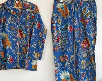 Conjunto de pijama de algodón para mujer con estampado a mano - Conjunto de 3 piezas con estampado floral - Ropa de dormir suave para el verano