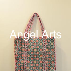 Grüne Blumen-Reißverschluss-Art-Einkaufstasche handgemachte Baumwollblock-Druck-Einkaufstasche, große gesteppte Einkaufstasche, Blumenmarkttasche, gelegentlich Geschenktasche