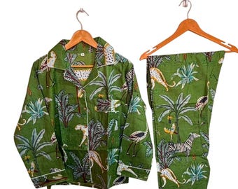 Conjunto de pijama de algodón con estampado de bloques indios / Ropa de dormir bohemia con estampado de selva para mujer