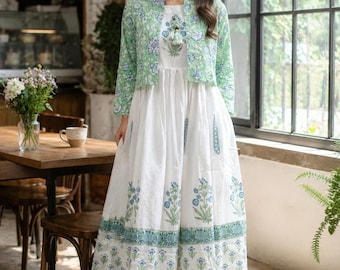 Hand Block Printed White Cotton Dress with Floral Koti Jacket | 2-Piece Boho Set