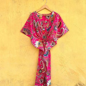 Boho Cotton Kaftan Dress, Kalamkari Floral Print , Summer Resort Wear, Loungewear Maxi Dress