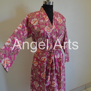 Pink floral Kimono Robe Dressing Gown, wedding robe Block Print Bridesmaid Robe, Summer Nightwear bathrobe beachwear women, Gift for Her