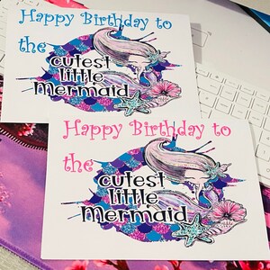 Mermaid birthday cards, 2 printable birthday cards for girl, mermaid themed gift, mermaid gift, print your own cards, upsanddownloadsUK,