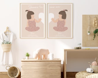 May include: Two framed prints with a pink background and a white heart shape. The prints feature a girl with brown hair and a pink dress. The text on the prints reads "Jamais toi... sans moi..." and includes the girl's name and birthdate.