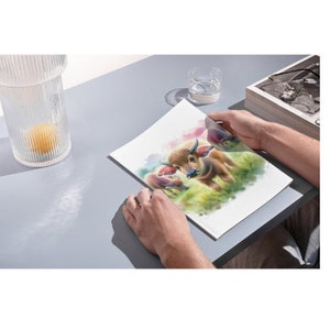 May include: A watercolor painting of two brown and white cows in a field of green grass. The cows are standing side by side, and the one in the foreground is looking directly at the viewer. The painting is done in a realistic style, with soft, muted colors.