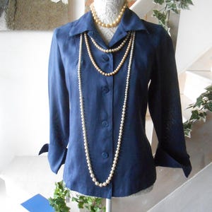 Vintage Woman Blazer Blue Linen Jacket