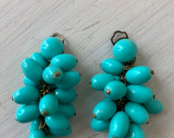 Boucles d'oreilles vintage années 80, clip en métal sur grappe de perles turquoises