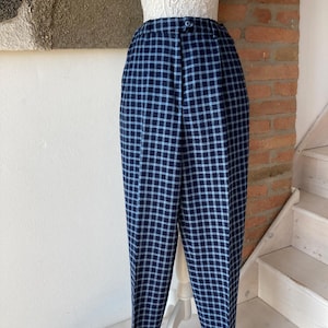 Vintage Trousers Checkered 1980s High Waist Blue Wool