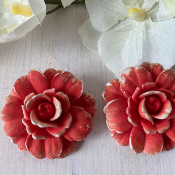 Vintage Earrings 60s Clip on Big Flower Coral Red