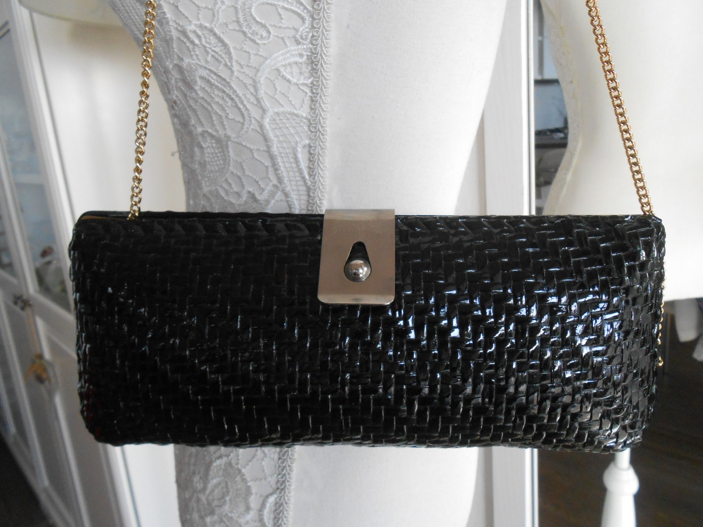 Vintage Bag Made in Italy 1980 Black Interwoven Baguette Shoulderbag