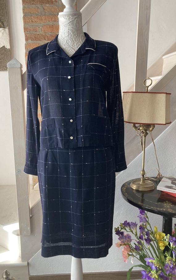 Vintage Women's Suit 1990s Blazer and Skirt Blue Tailored