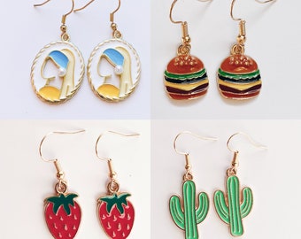 Novelty Earrings | Cute Dangle Drop Earrings | Strawberry / Cactus / Burger / Artist | Statement Earrings | Gift