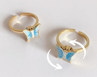 Starlight Butterfly Spinning Ring - Blue | Adjustable Golden Fidget Ring | Gift
