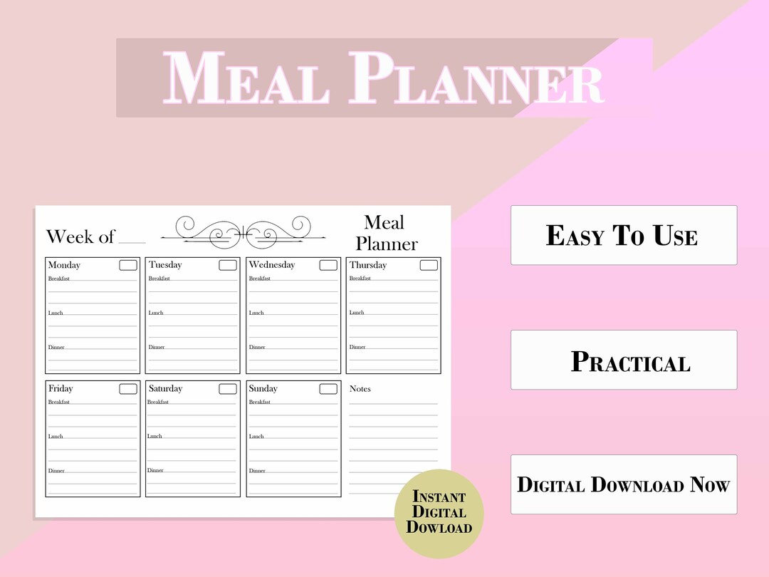 Meal Planner Printable Menu Weekly Food Diary Editable Organizer Sheet ...